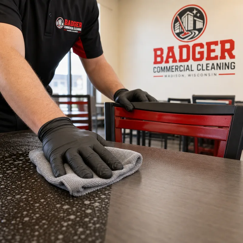 Gloved hands disinfecting a commercial breakroom table and chair backs with a microfiber cloth