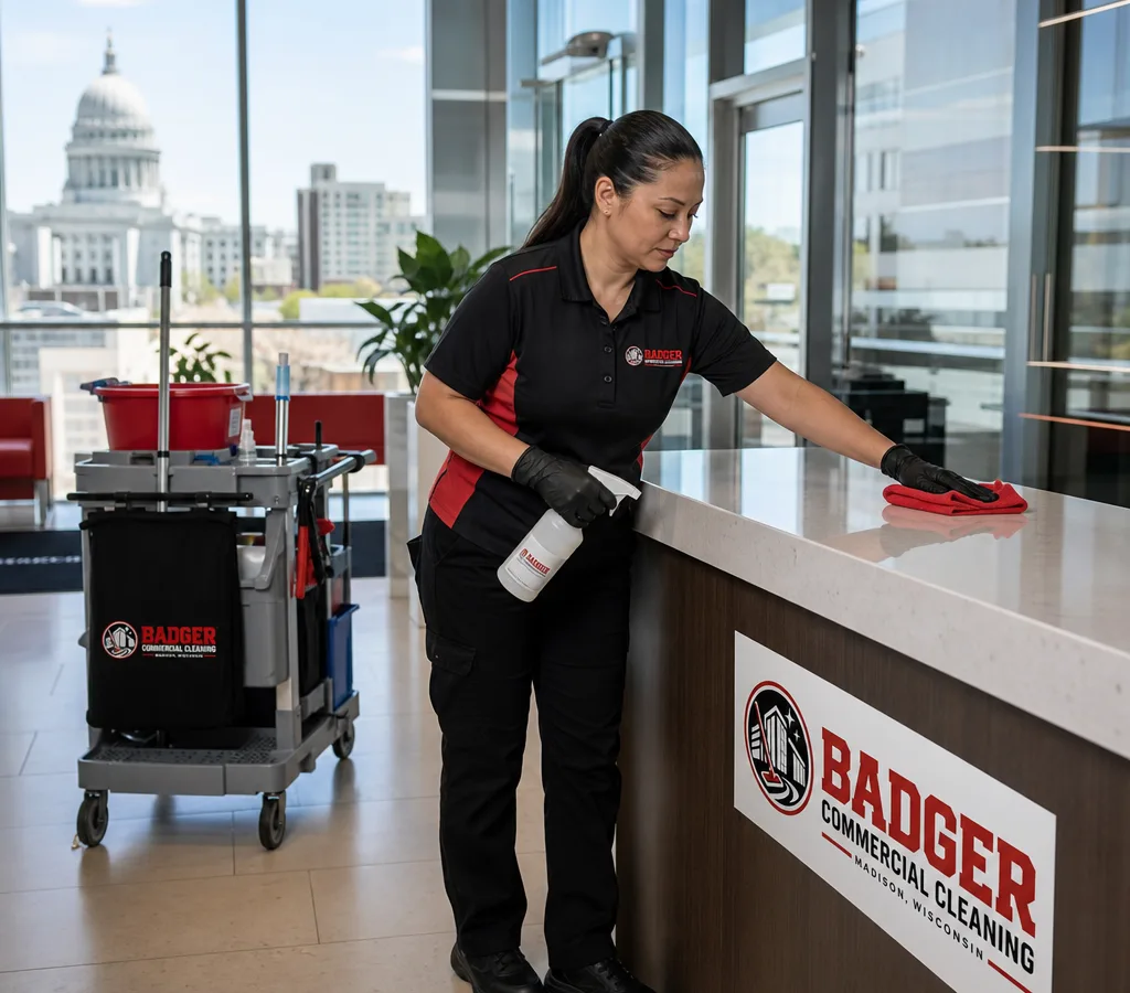 Cleaner disinfecting a high-touch lobby counter in a modern Madison office building