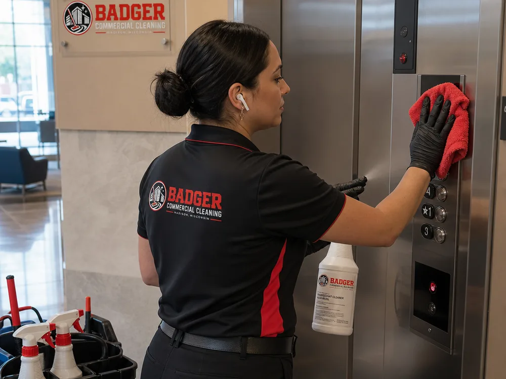 Cleaner disinfecting elevator buttons and stainless steel surfaces in a multi-tenant lobby