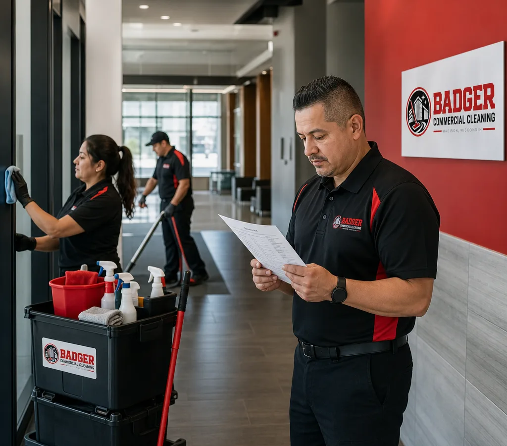 Professional cleaners servicing a commercial office corridor while a supervisor reviews a printed cleaning checklist