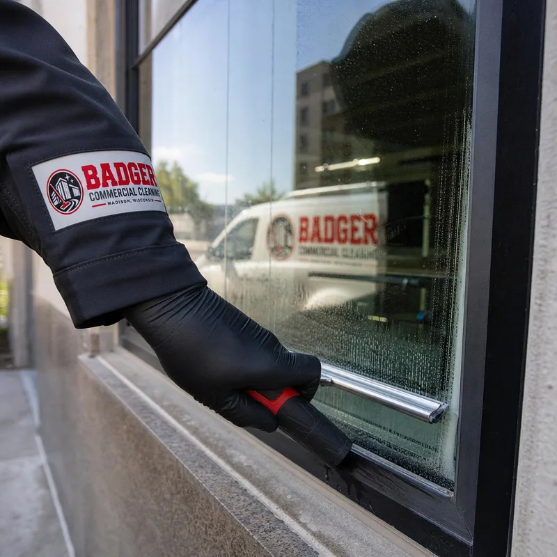 Close-up of squeegee edge work and corner detailing on a large commercial window pane