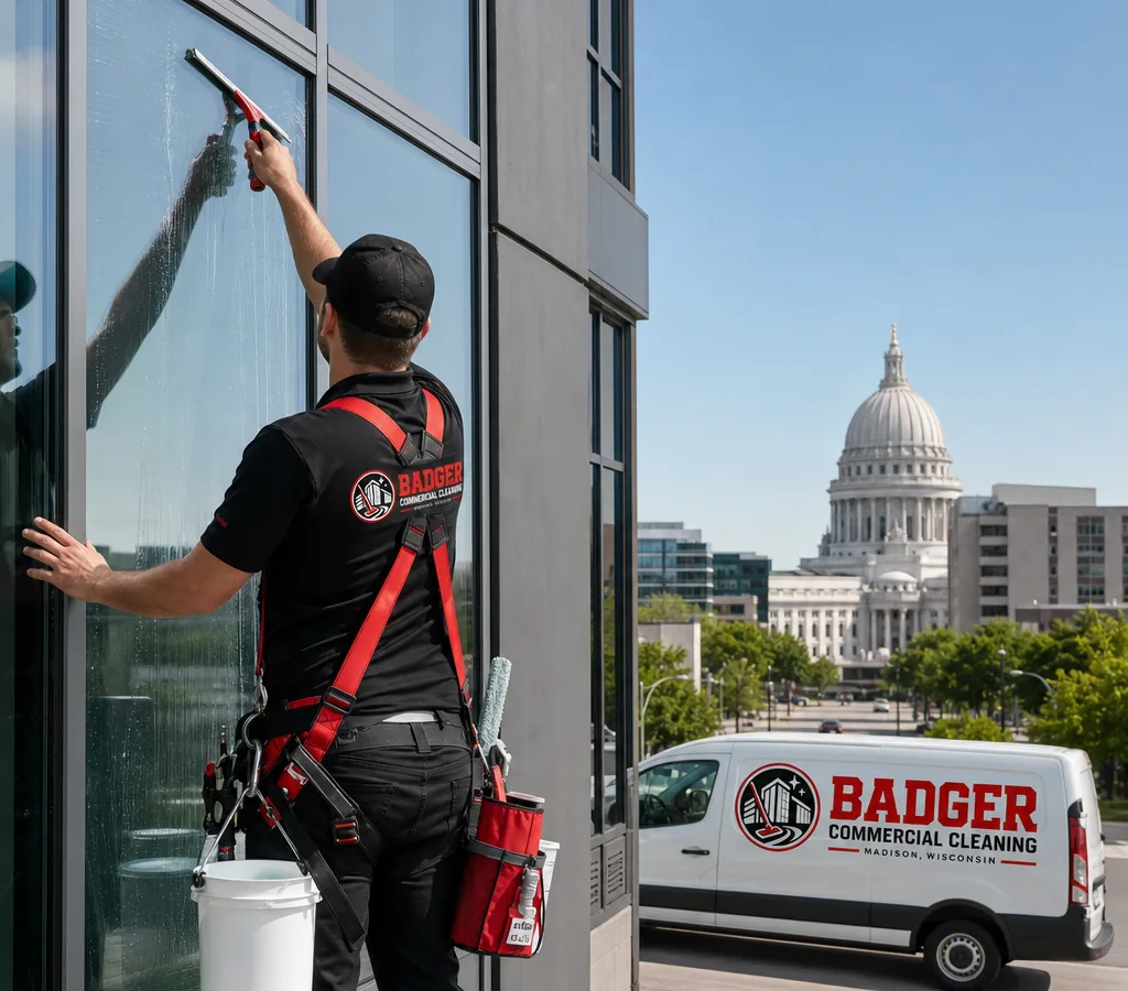 Technician cleaning large commercial windows on a Madison office building with a squeegee and safety gear