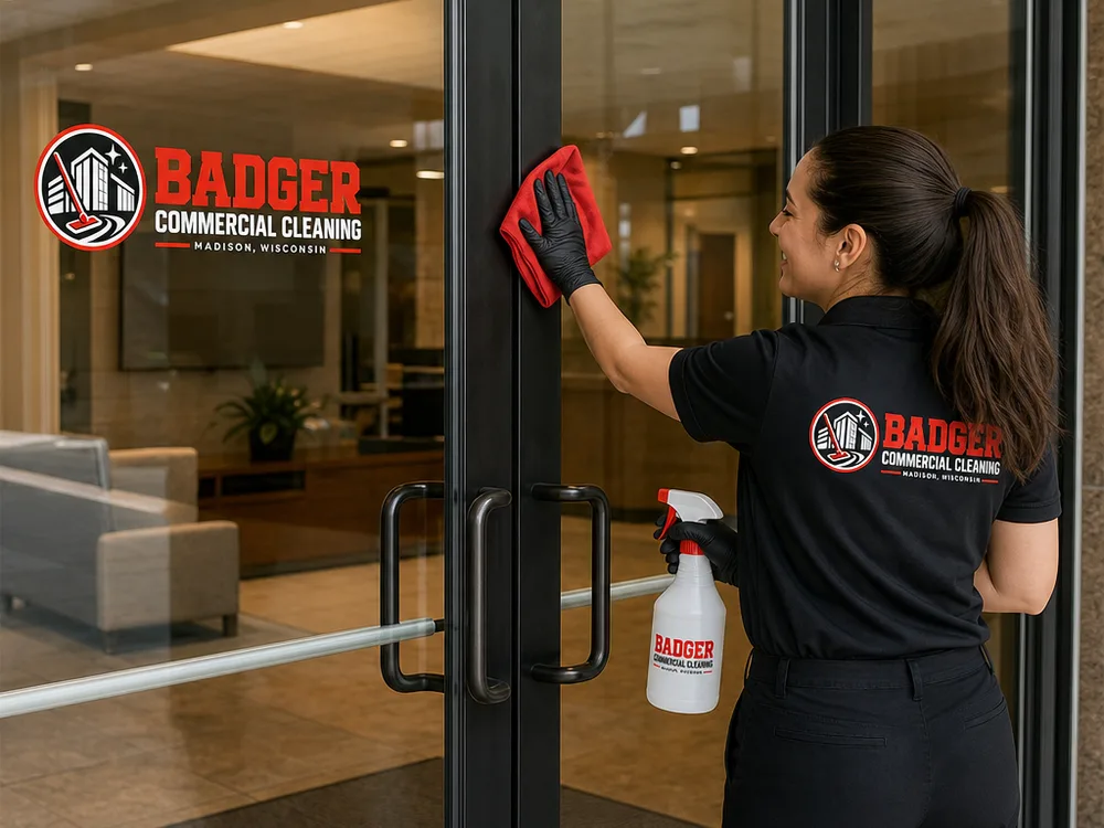 Clean commercial entry-door glass with detailed handles and push bars and a clear view into the lobby