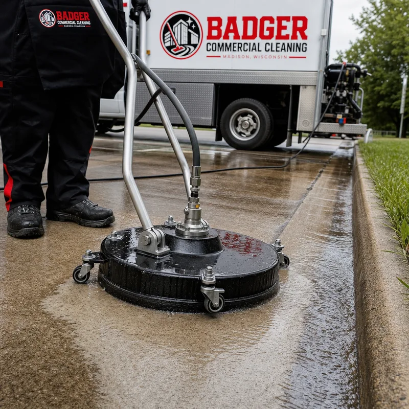 Surface cleaner attachment washing a concrete sidewalk with a uniform cleaning path and controlled runoff near a curb