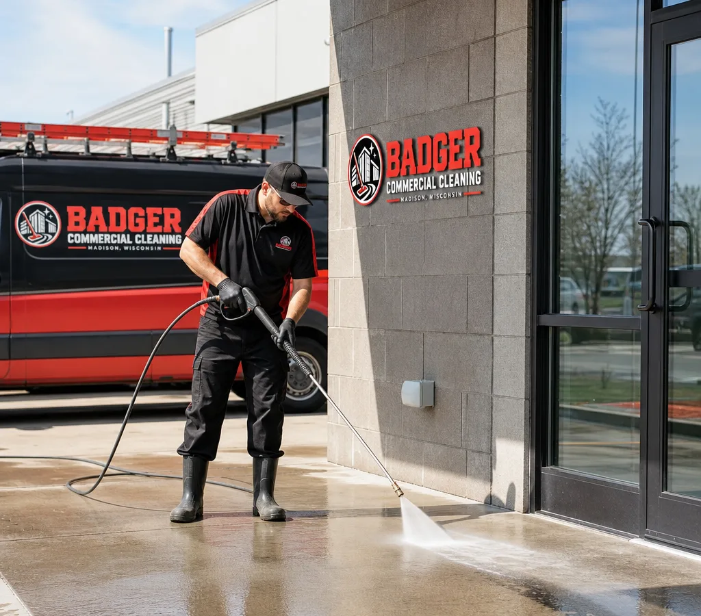 Technician power washing a commercial building entry and sidewalk in Madison with a controlled spray pattern and visible clean line