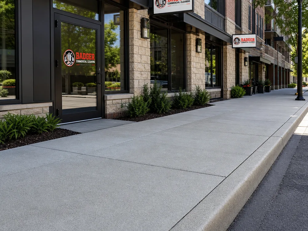 Cleaned storefront sidewalk and curb line with an even finish and no visible striping