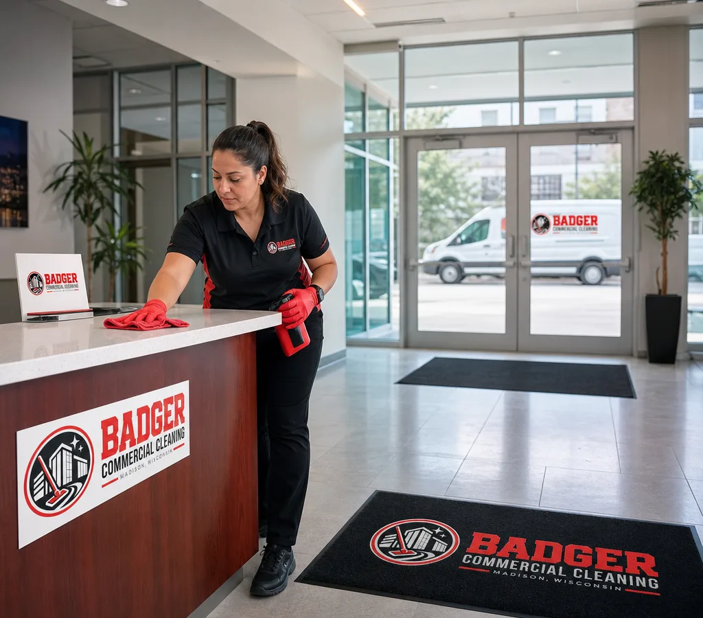 Commercial cleaner disinfecting a reception counter in a modern Madison office lobby