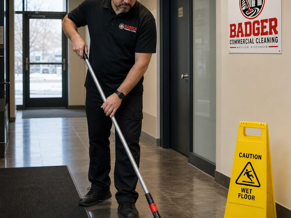 Cleaner flat mopping a commercial hallway beside a winter entry mat and safely placed caution sign