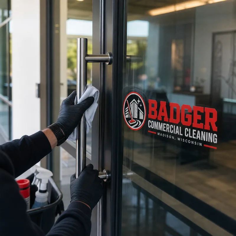 Streak-free office entry glass with polished door handles after cleaning