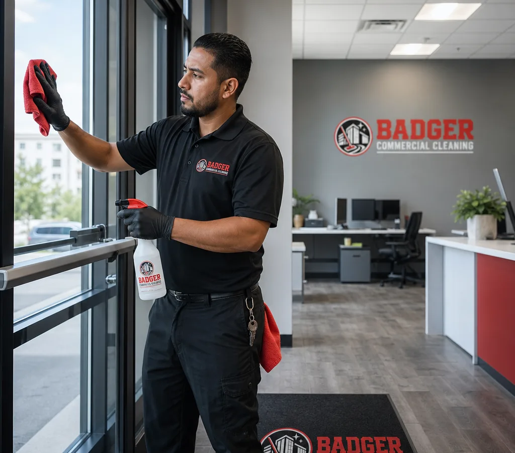 Janitorial technician cleaning a glass entry door and lobby surfaces in a professional Madison office