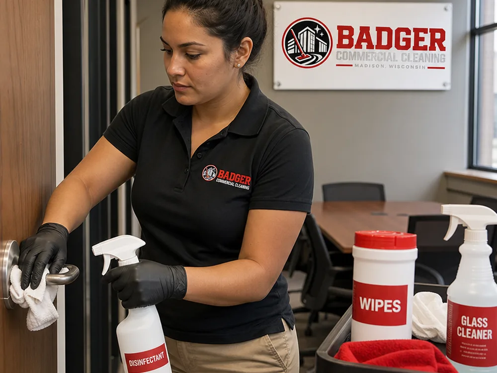 Janitorial professional disinfecting high-touch office surfaces with labeled supplies nearby