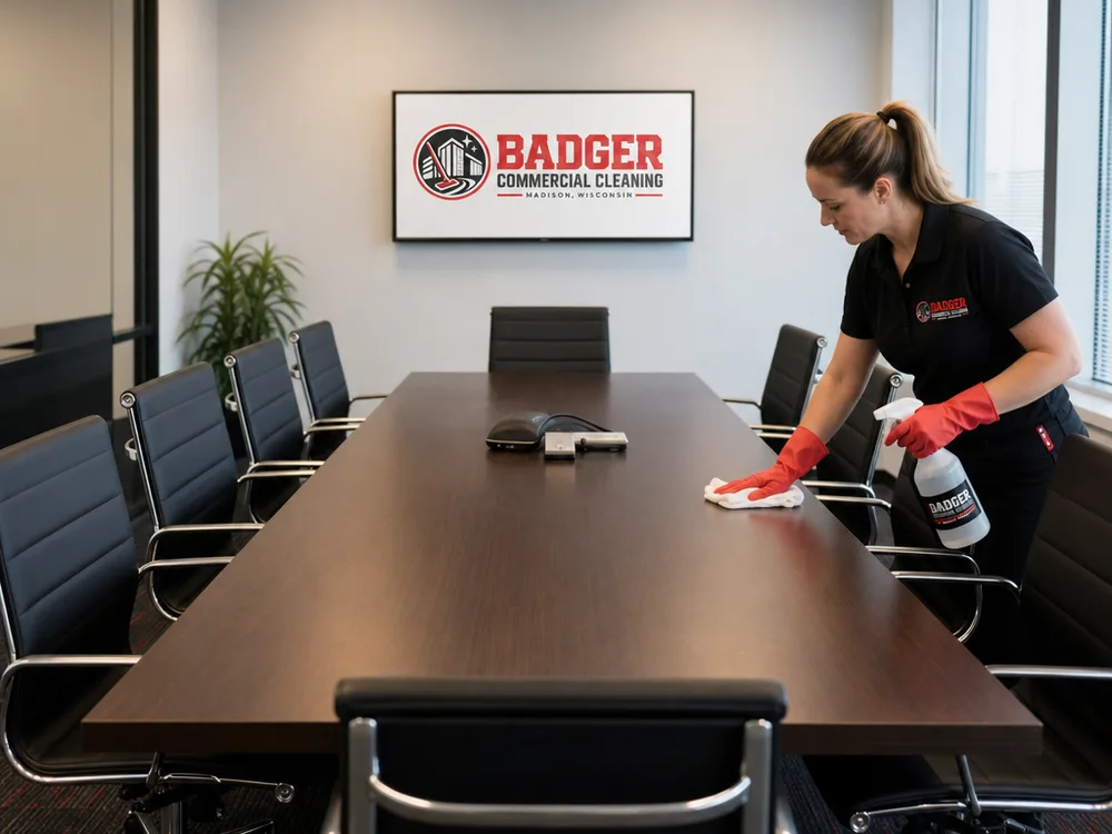 Tidy conference room with a cleaned table, aligned chairs, and vacuumed carpet