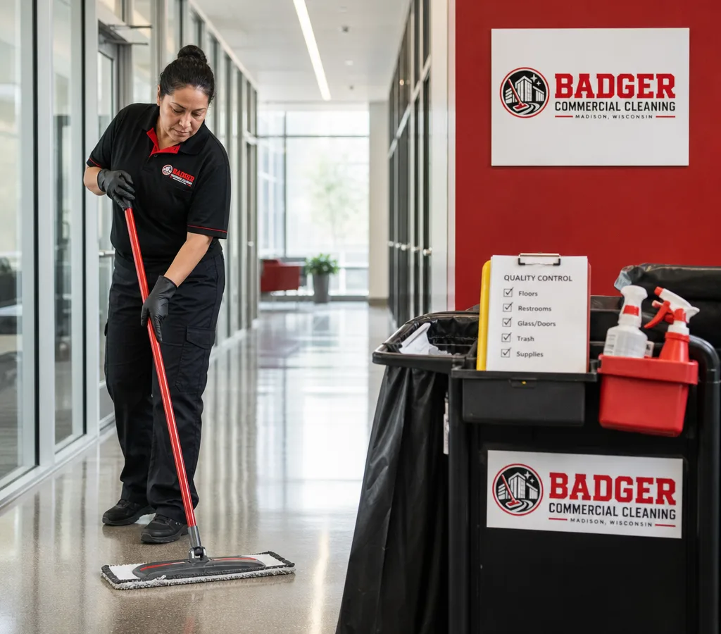 Janitorial professional cleaning a modern Madison office corridor with a cart and quality-control checklists