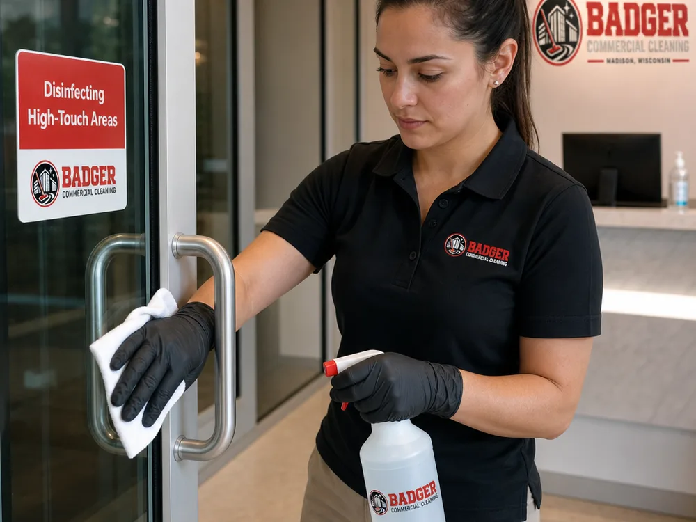 Commercial cleaner disinfecting high-touch points in a professional lobby