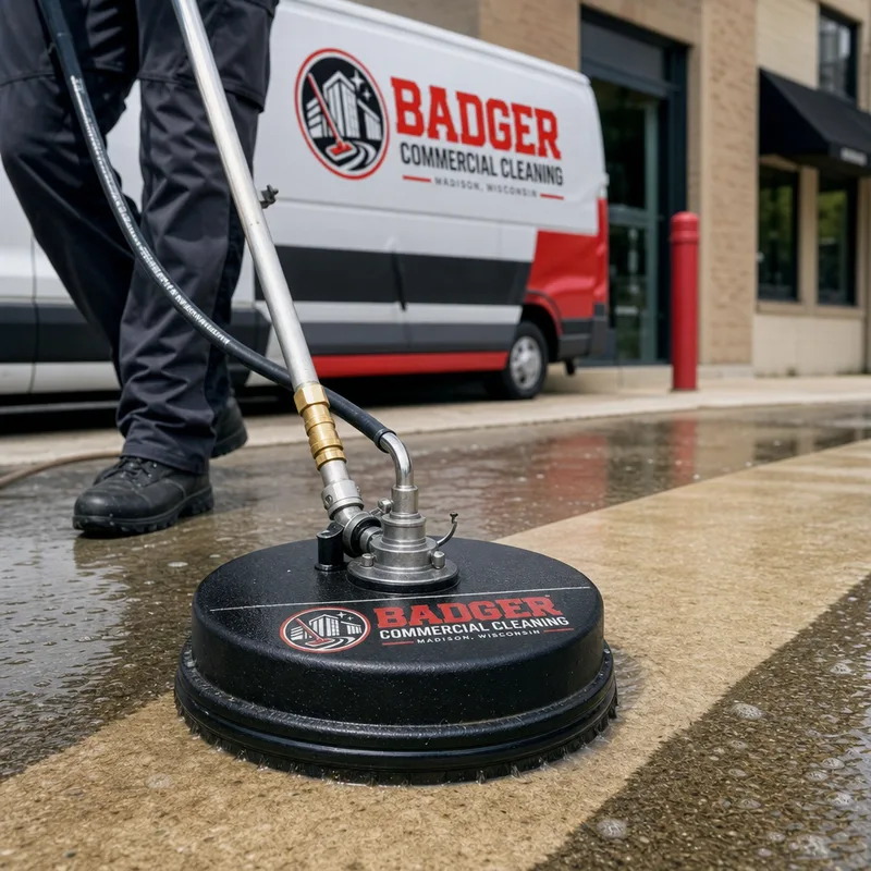 Pressure washing wand and surface-cleaner attachment making an even, controlled path across a commercial concrete walkway
