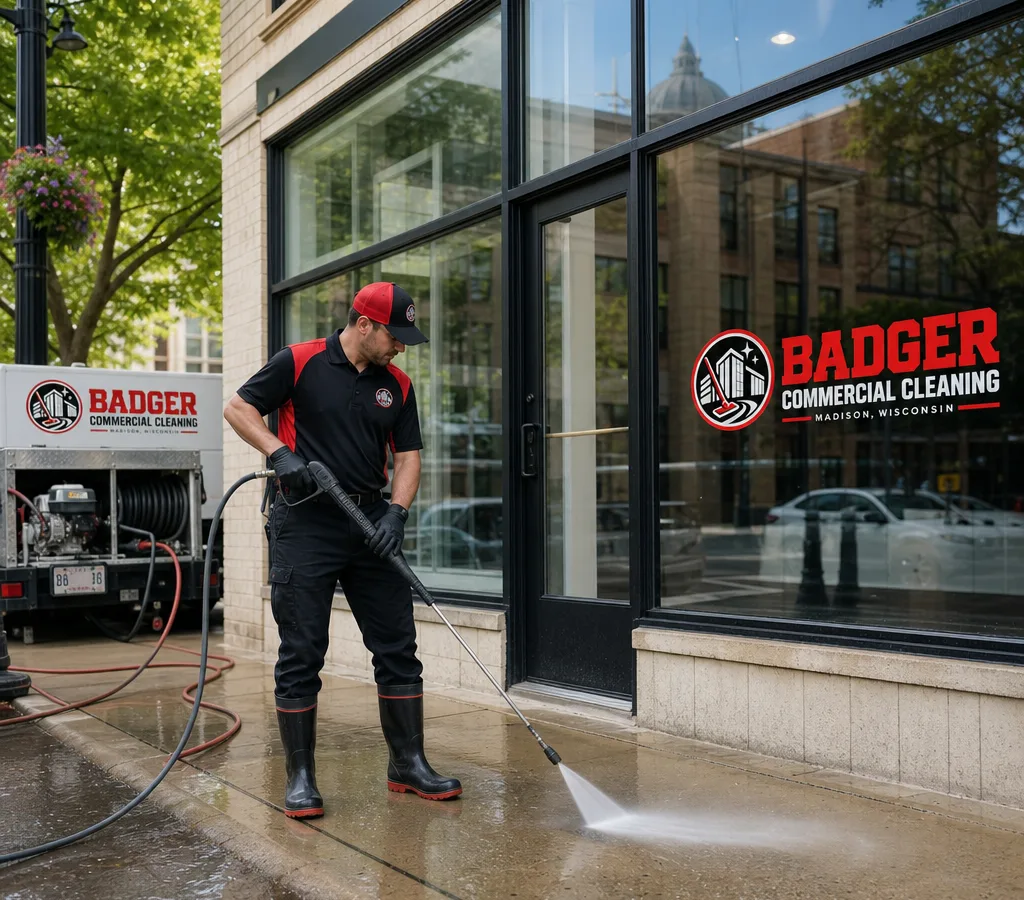 Commercial technician pressure washing a concrete sidewalk in front of a Madison storefront with controlled spray and organized hoses