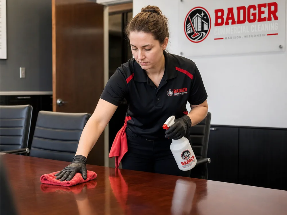 Cleaner wiping a conference room table, chair backs, and door hardware in a professional office