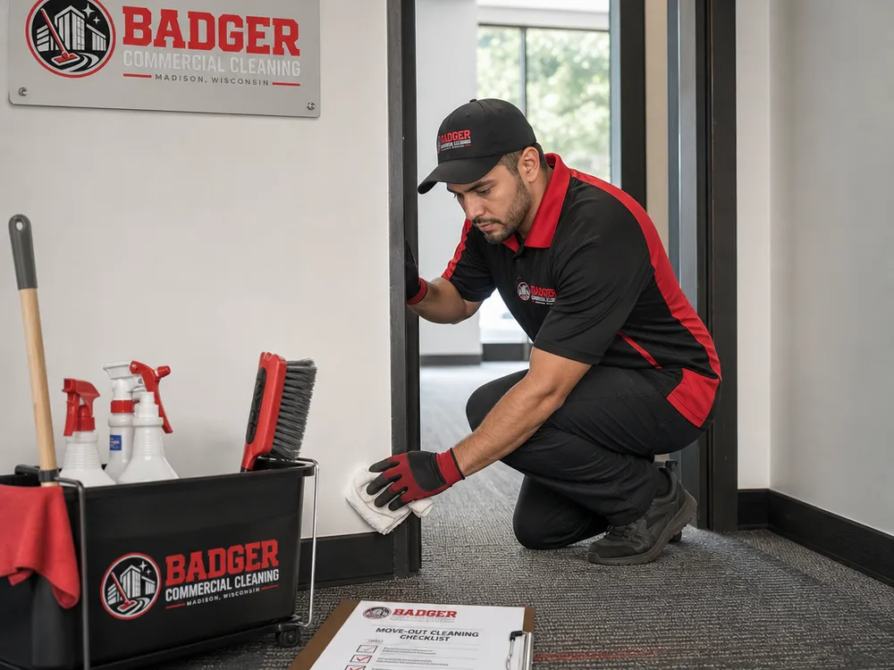 Cleaner detailing baseboards and door frames in an empty commercial hallway using a checklist