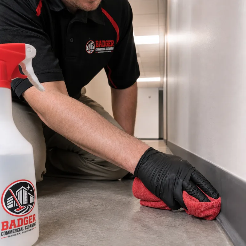 Technician removing a visible dust line while detailing baseboards and floor edges in a commercial hallway