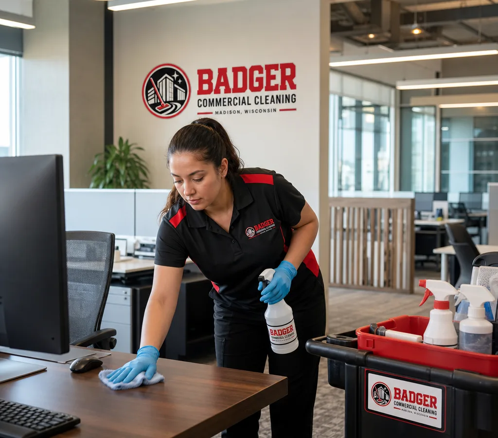 Commercial cleaner deep cleaning high-touch surfaces in a modern Madison office using labeled supplies and PPE