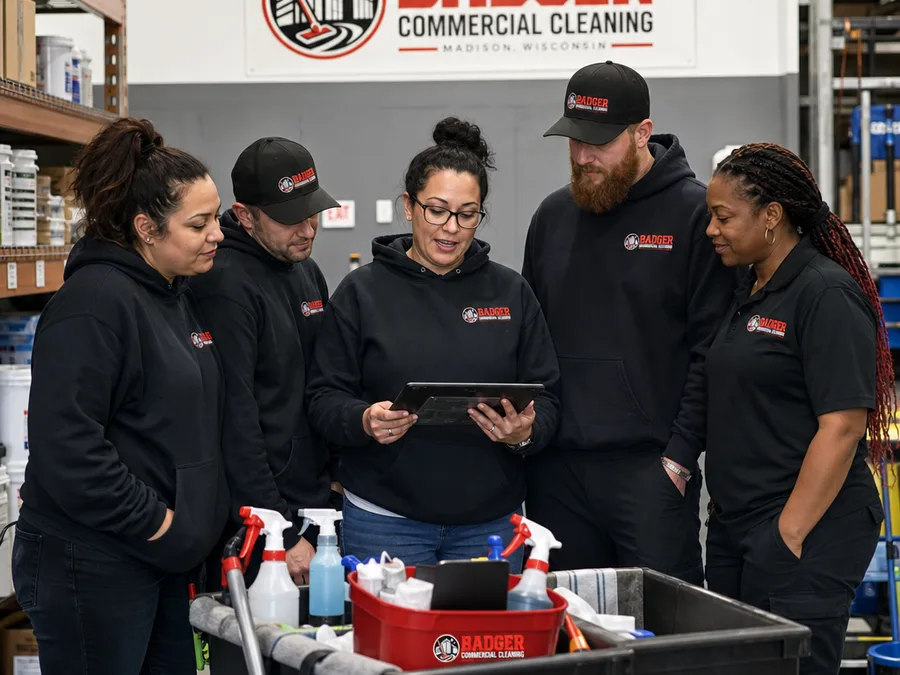 Badger Commercial Cleaning team reviewing a site checklist and organized supplies before a Madison job