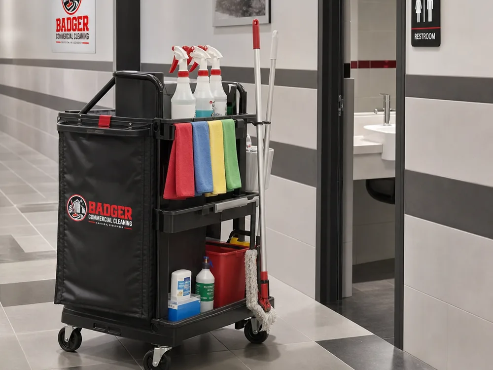 Organized janitorial cart staged outside commercial restrooms with color-coded supplies and caution signage